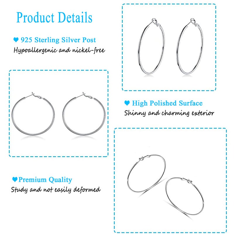 CERSLIMO 4 Pairs Silver Hoop Earrings for Women- 925 Hypoallergenic Sterling Silver Hoop Earrings Set, Big Large Minimalist Silver Hoops Gifts(30MM 40MM 50MM 60MM) - Image 2